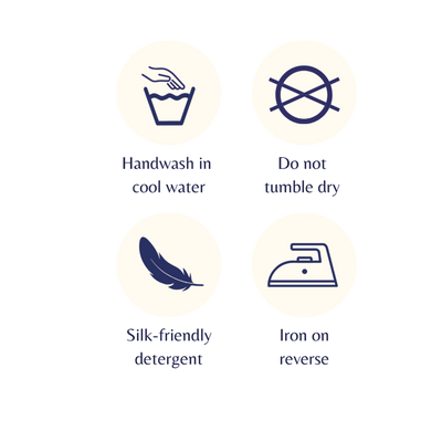 Icons showing instructions for how to wash silk. Hand wash in cold water, use silk friendly detergent, do not tumble dry and iron on reverse.