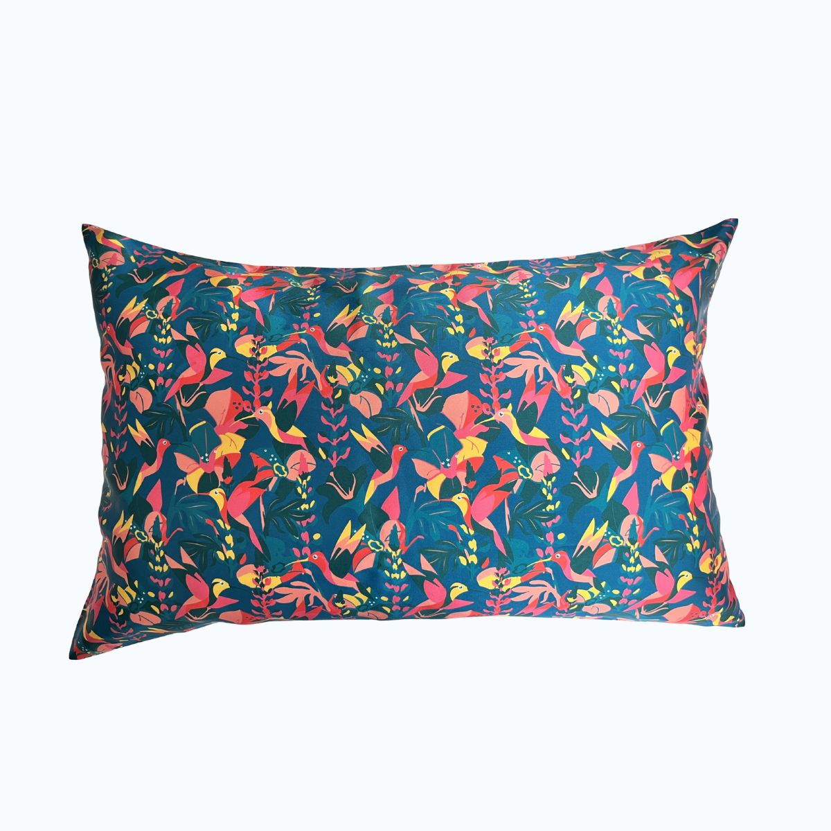 Lively hummingbird silk pillowcase design on a white background