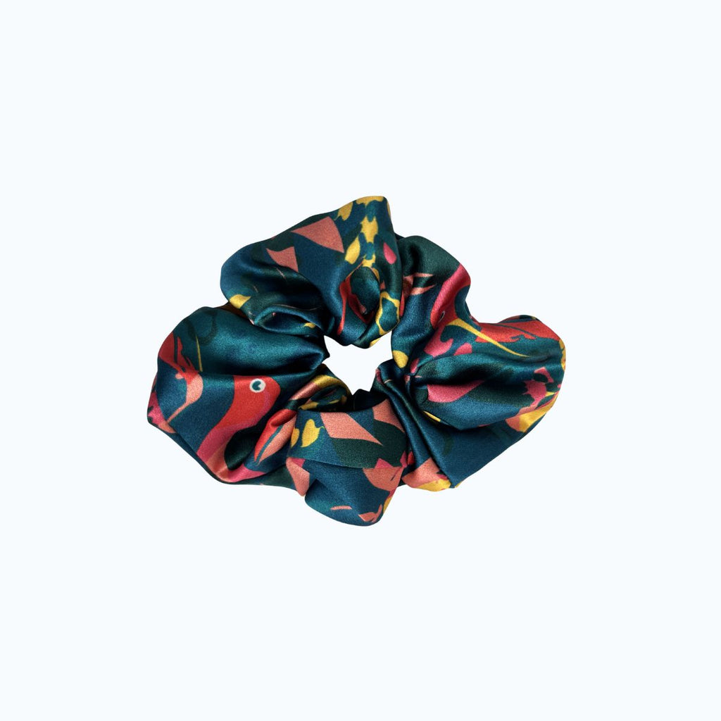 Lively Hummingbird large silk scrunchie on a white background