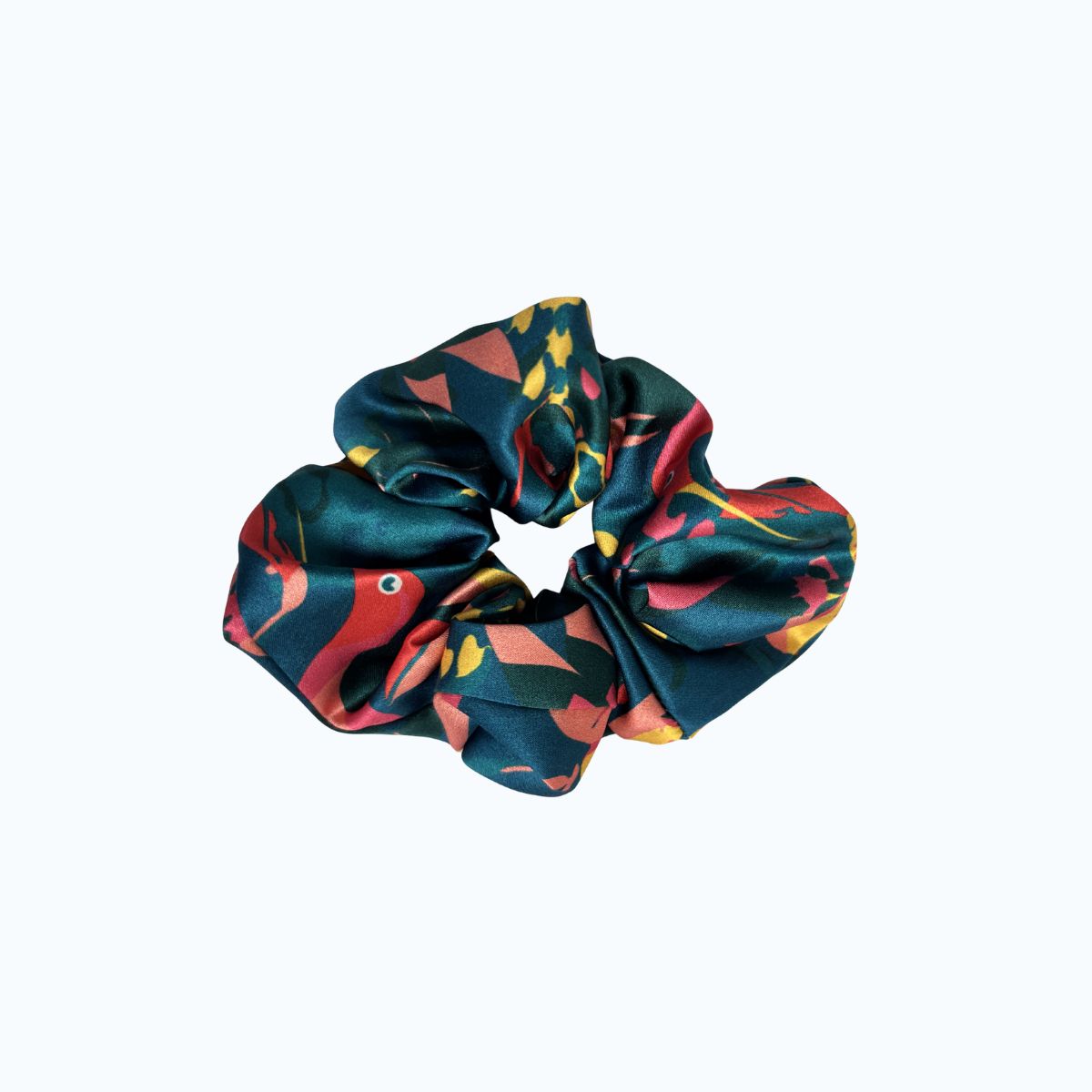Lively Hummingbird large silk scrunchie on a white background