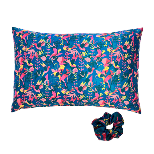Hummingbird printed silk pillowcase and matching scrunchie on a white background