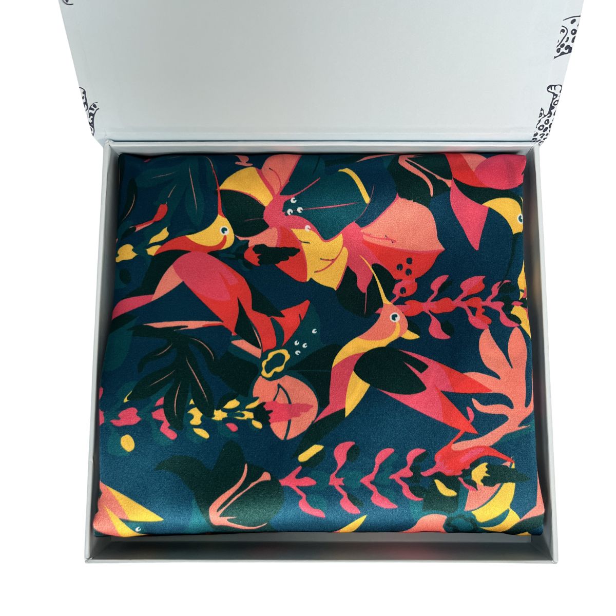 Lively Hummingbird printed silk pillowcase in a presentation box on a white background