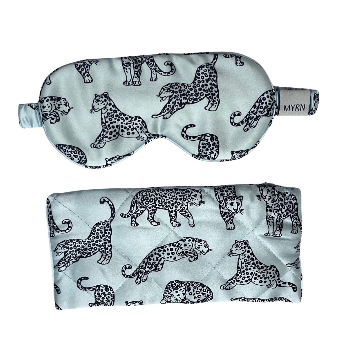 MYRN Blue Leopard Silk eye mask and matching travel case on a white background