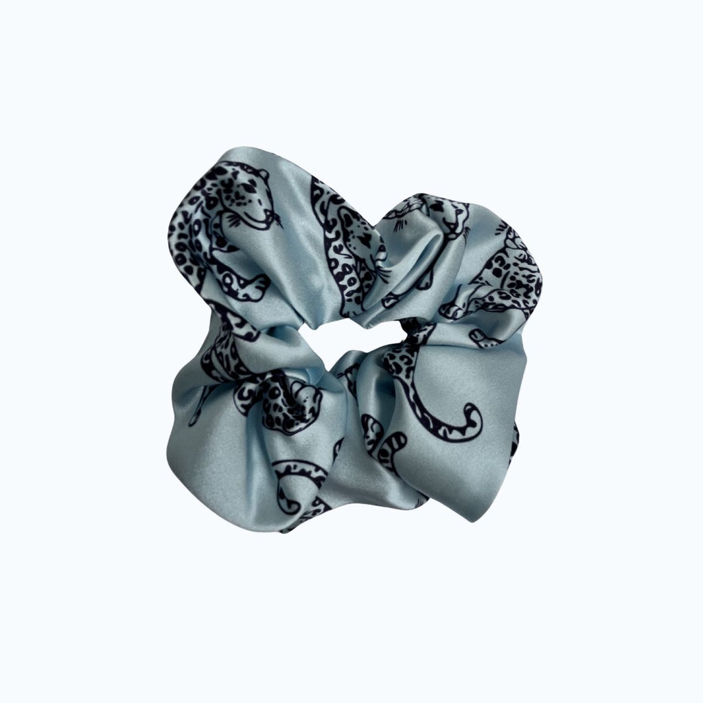 MYRN Blue Leopard print large silk scrunchie on a white background