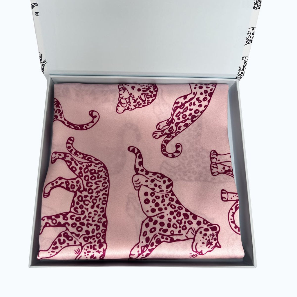 MYRN Pink Leopard Printed Pillowcase in a presentation box on a white background.