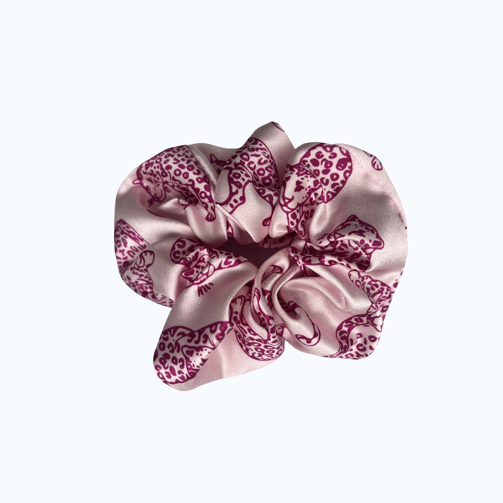 MYRN Pink Leopard Print Large Silk Scrunchie on a white background