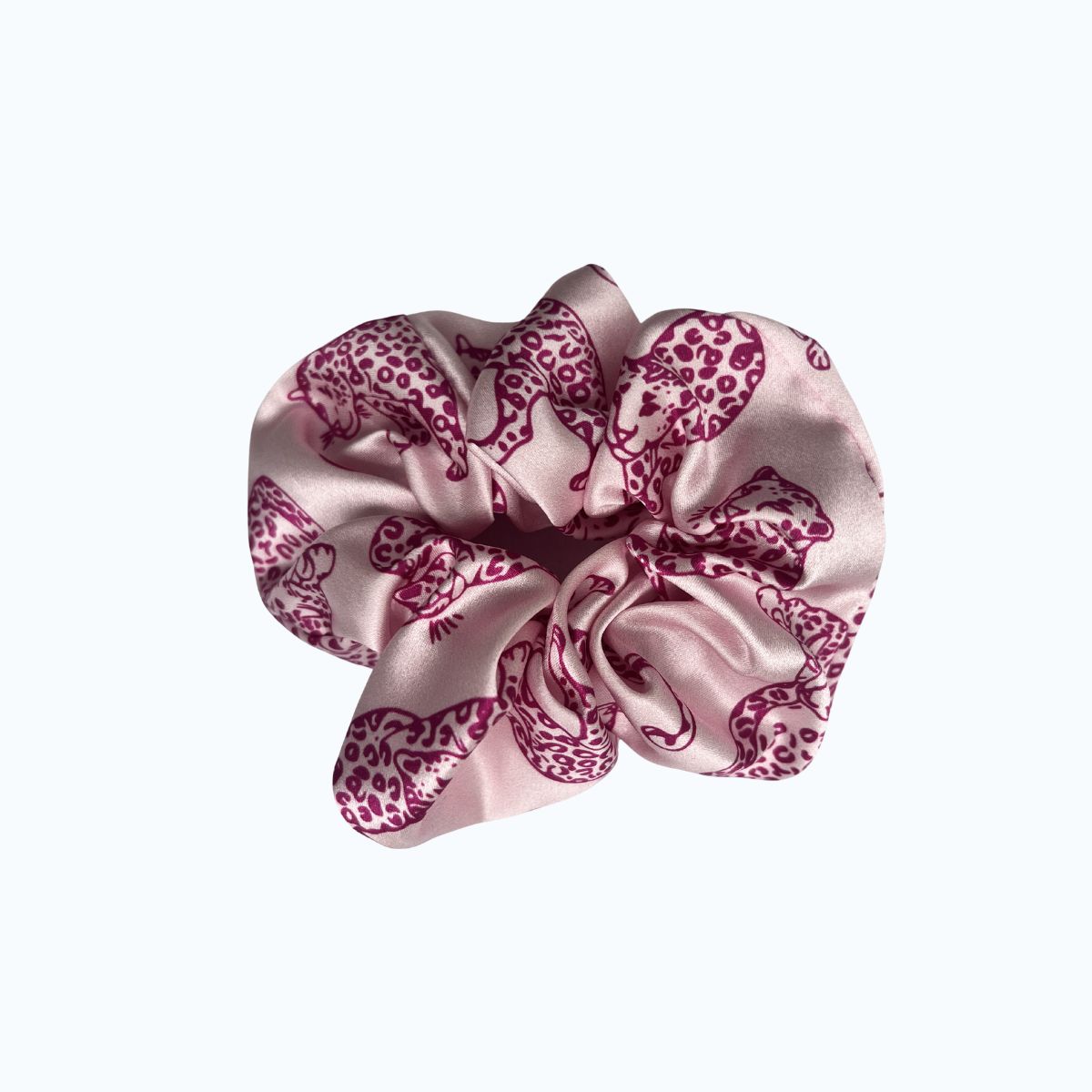 MYRN Pink Leopard Print Large Silk Scrunchie on a white background