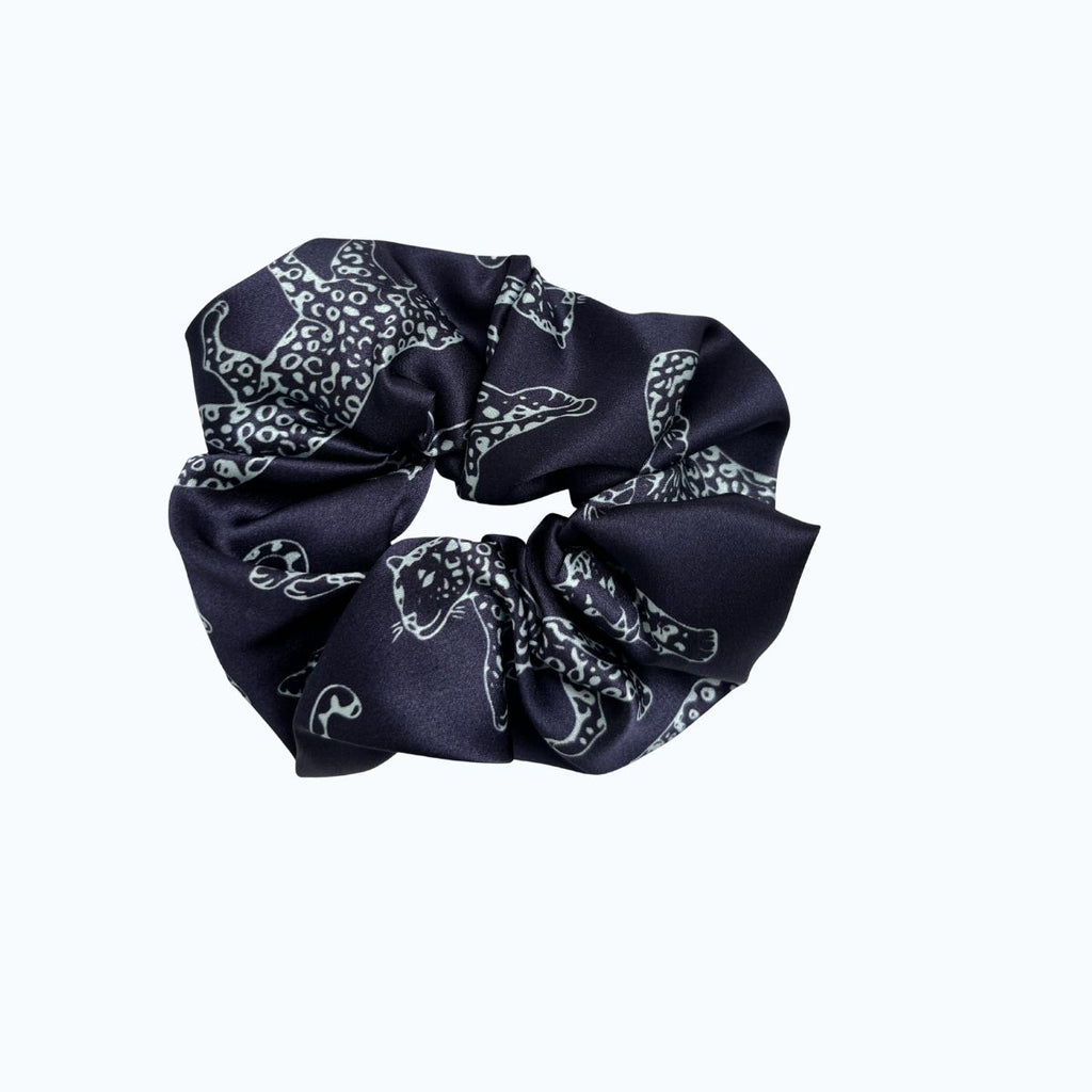 MYRN Midnight Blue Leopard printed large silk scrunchie on a white background