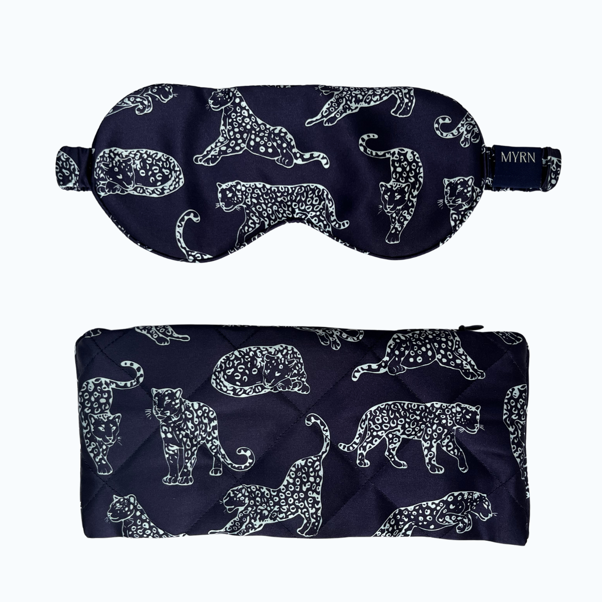 MYRN Navy Leopard Printed sleep mask and travel case on a white background