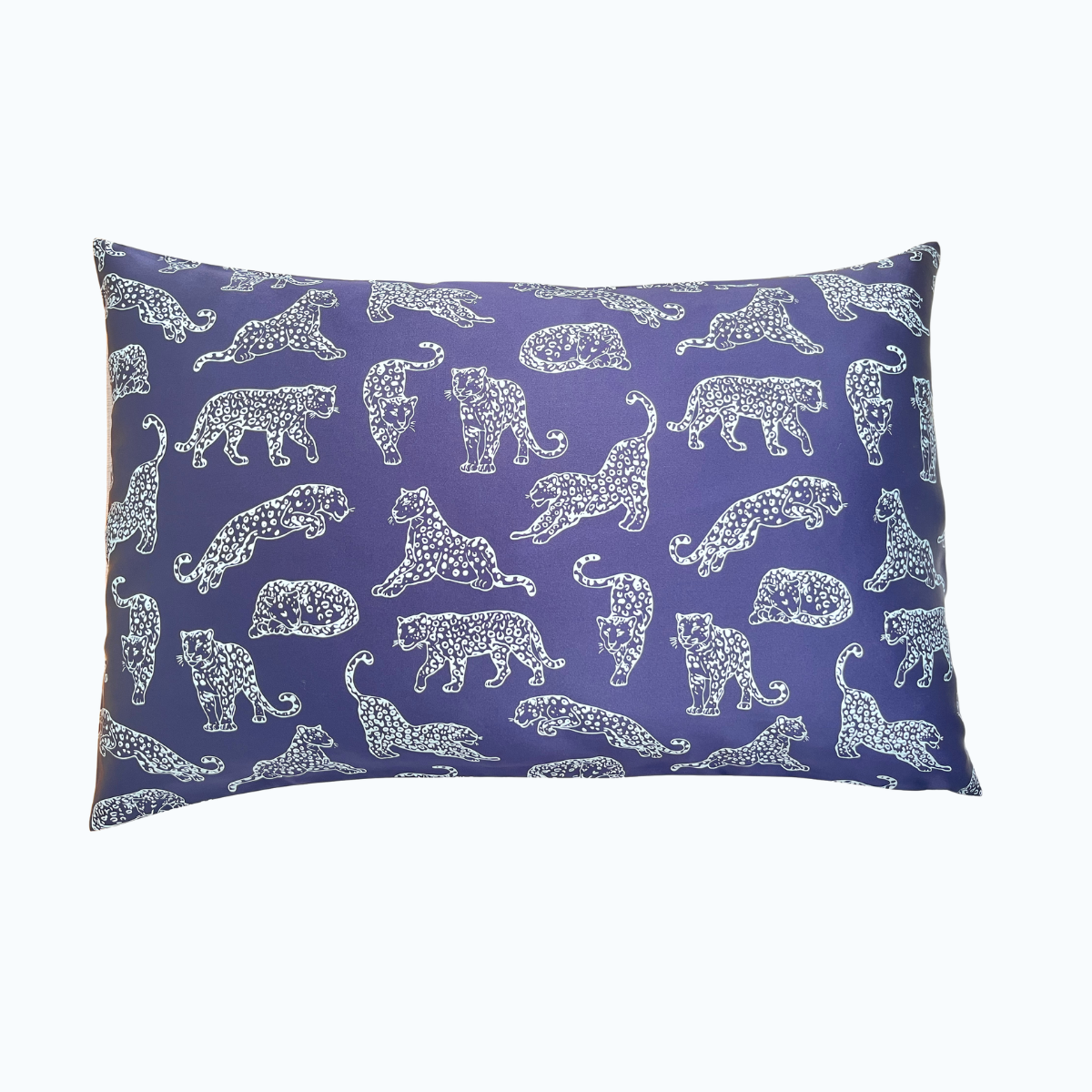 Midnight navy blue Leopard Printed silk pillowcase on a wite background.