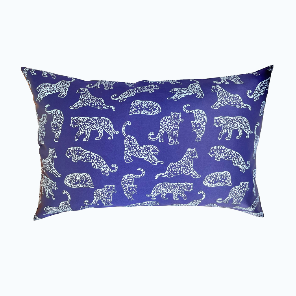 Midnight navy blue Leopard Printed silk pillowcase on a wite background.