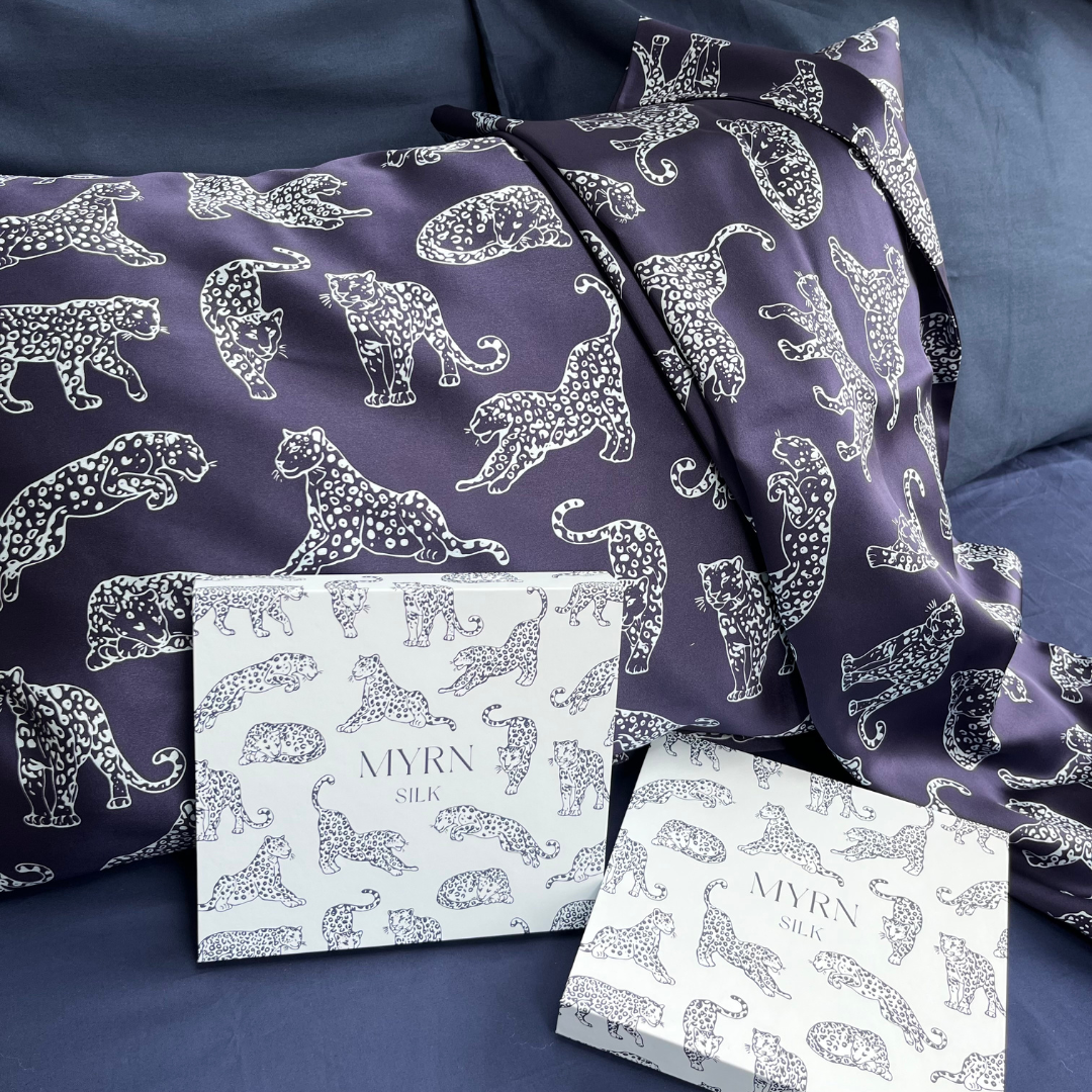 Navy Blue Leopard Pure Mulberry Silk Pillowcase Pair