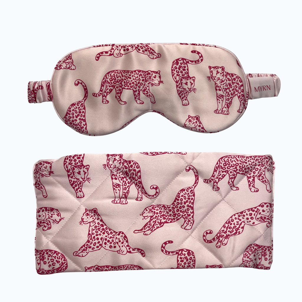 MYRN Pink Leopard printed silk eye mask and travel case on a white background