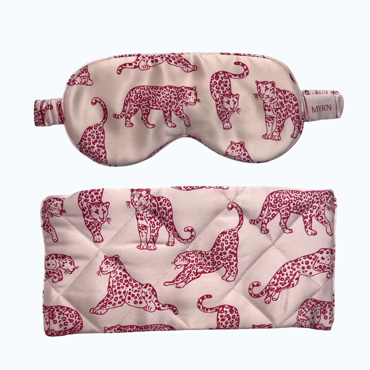 MYRN Pink Leopard printed silk eye mask and travel case on a white background