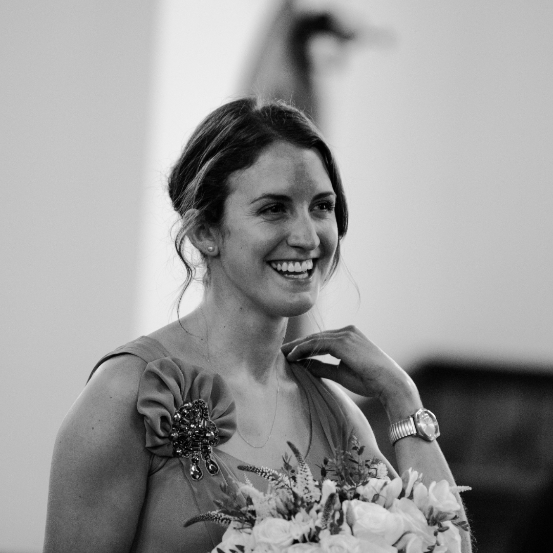 Black and white phot of a bridesmaid