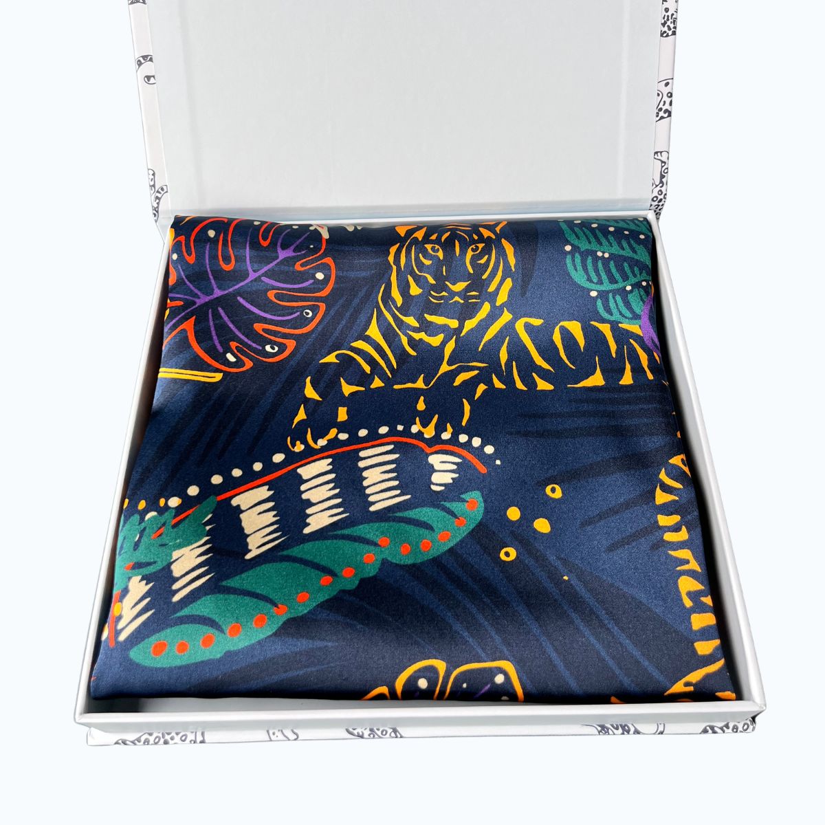 MYRN Silk Tiger Print silk pillowcase in a presentation box on a white background