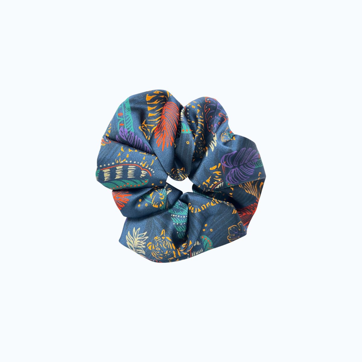 MYRN Silk Tiger Print large silk scrunchie on a white background
