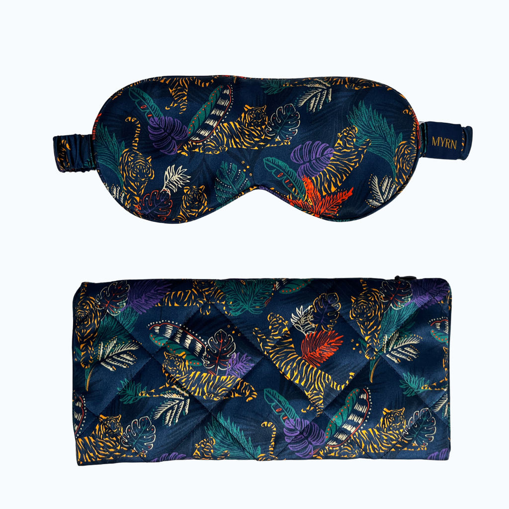 Tropical Tiger silk eye mask and matching travel case on a white background
