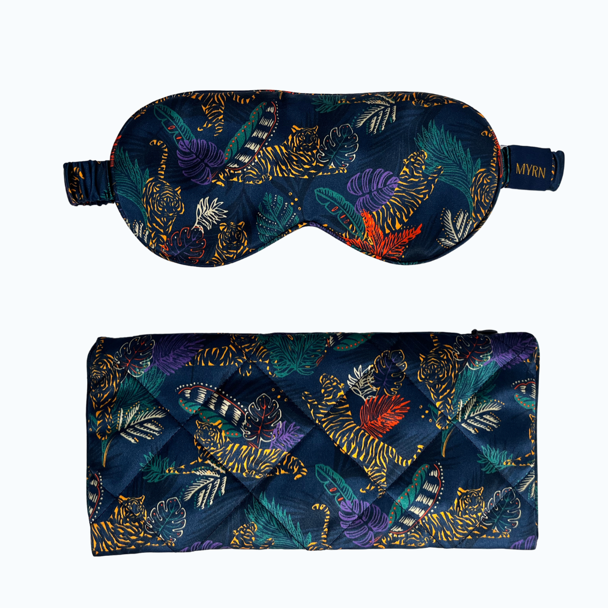 Tropical Tiger silk eye mask and matching travel case on a white background